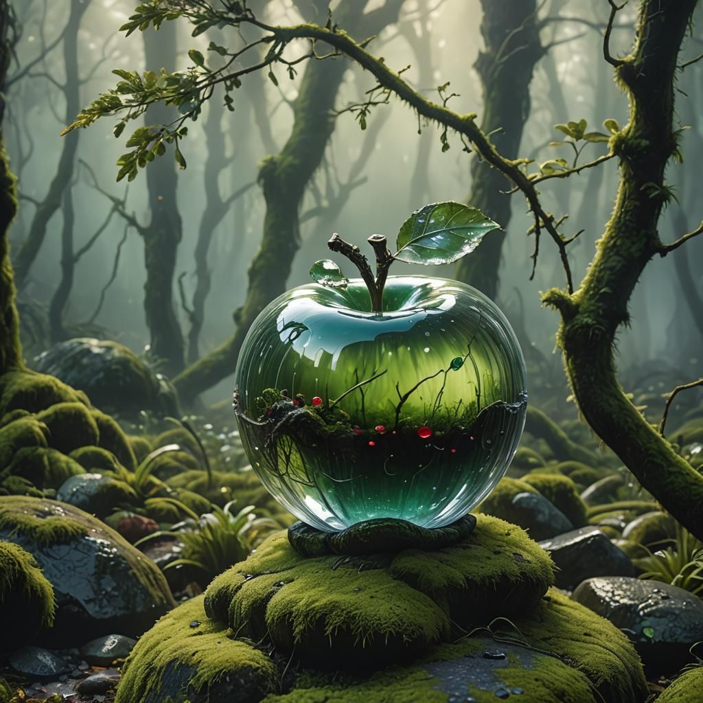 Glass Apple in Mystical Forest, Hyperrealistic 3D Art