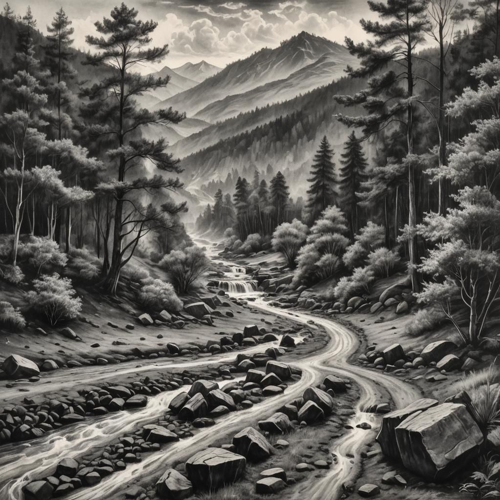 Hyperdetailed Charcoal Landscape Drawing