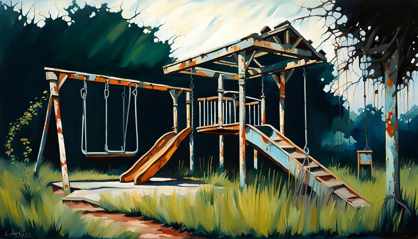 Abandoned Swing Park in Expressionist Oil Painting Style