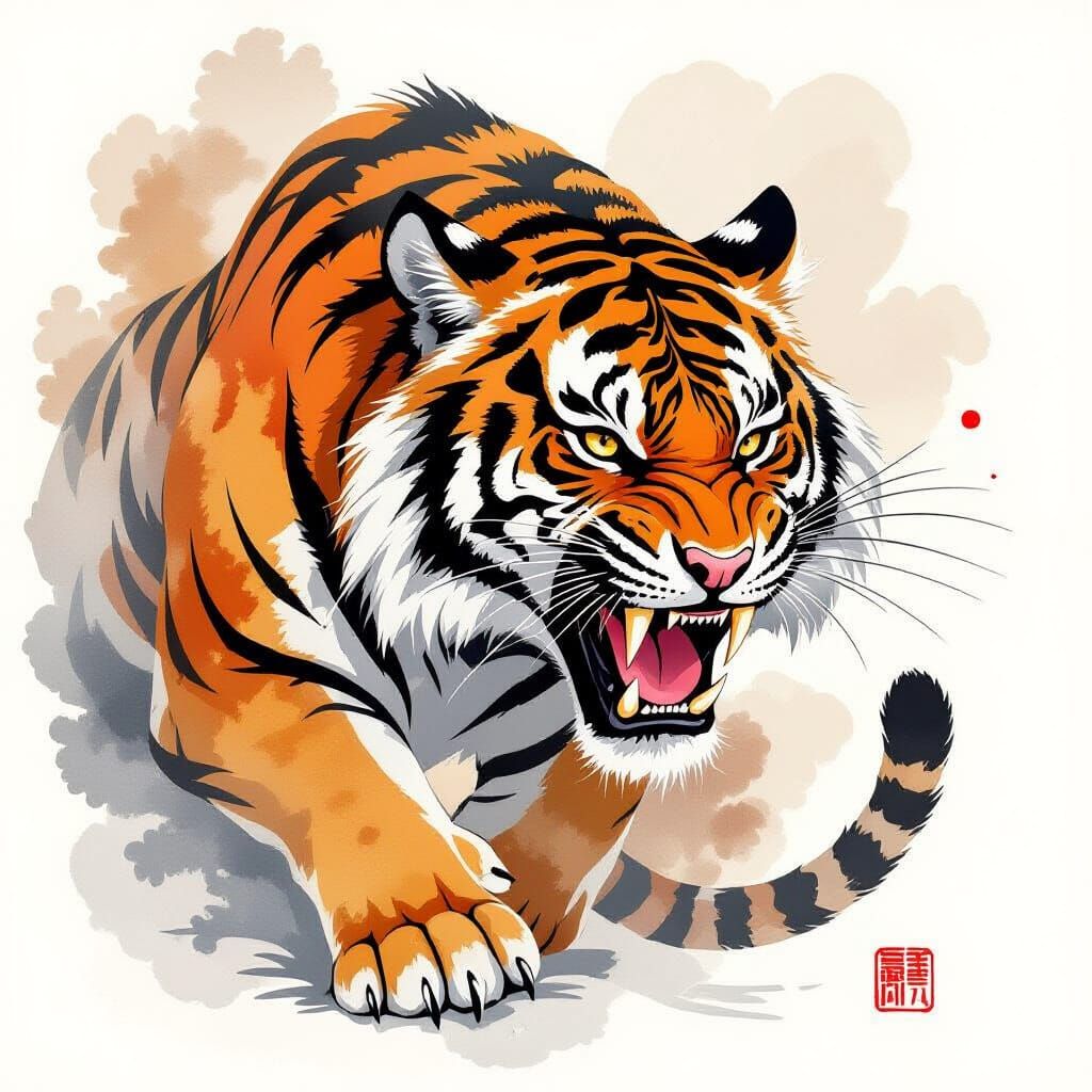 Dynamic Ink-Style Tiger with Swirling Scales
