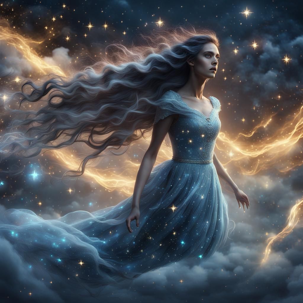 Ghostly Woman in Starry Clouds, Detailed Digital Art