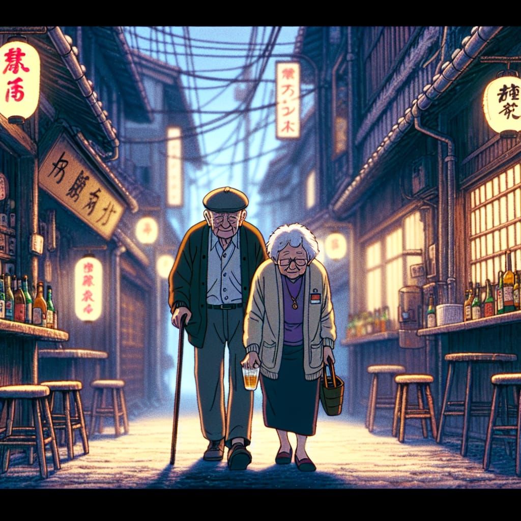 Animated Old Couple Walking Home from Pub