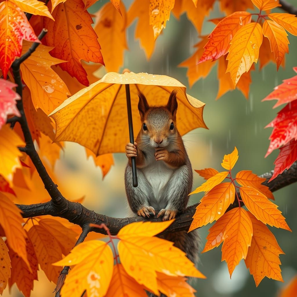 Sad Squirrel Sheltering Under Autumn Leaf