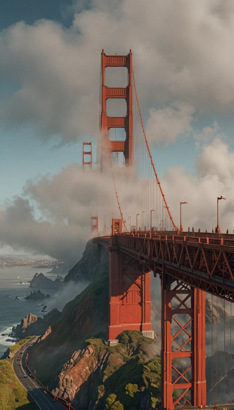 Golden Gate Bridge in Fog: Detailed Matte Painting