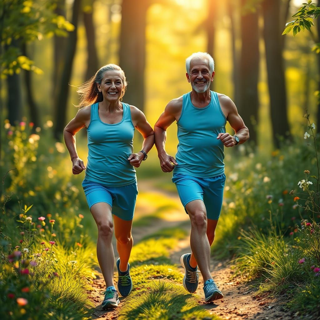 Energetic Senior Couple Runs Through Vibrant Spring Woods