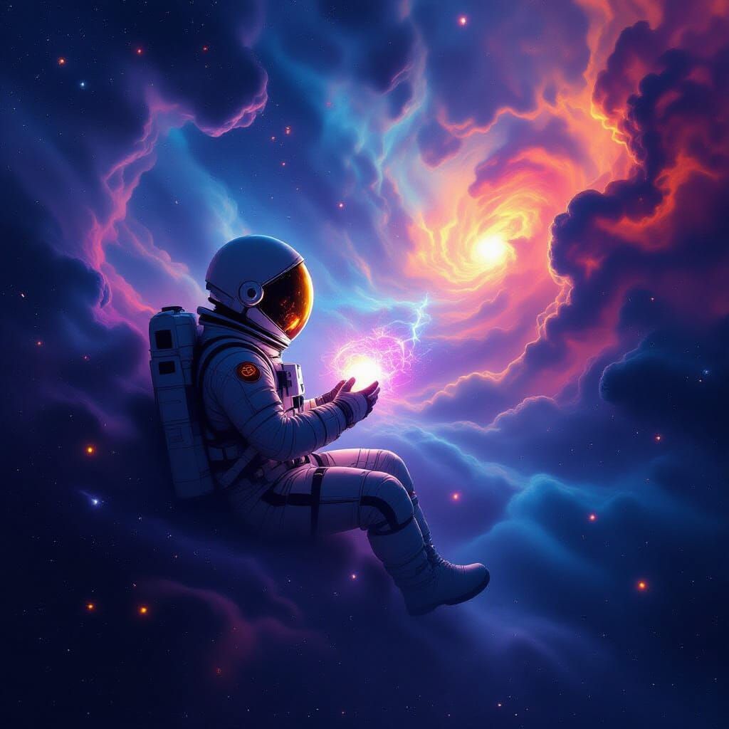 Astronaut Adrift in Cosmic Nebula with Glowing Artifact