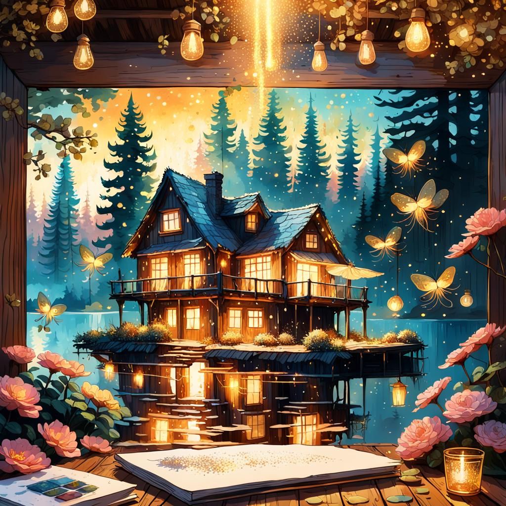 Rustic Lakeside House at Sunset in Alcohol Inks