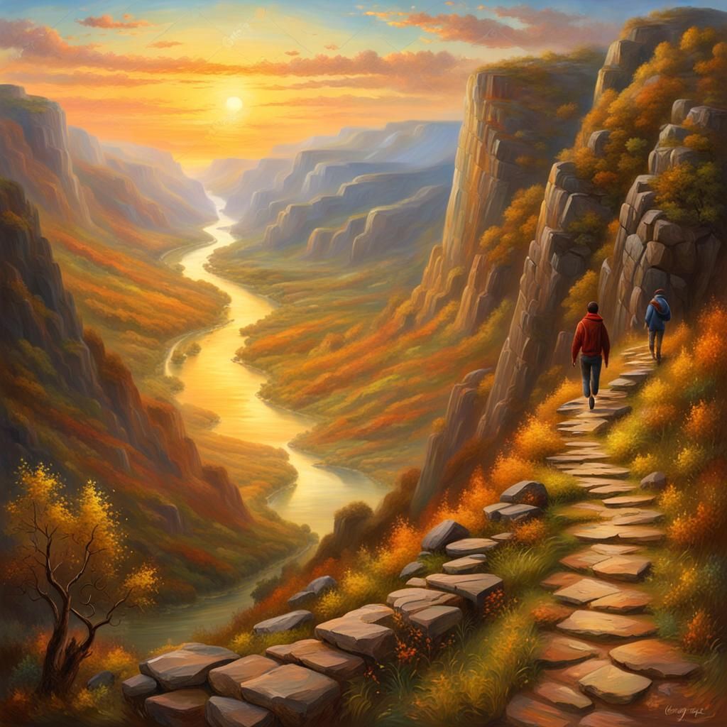 Sunset Mountain Path Oil Painting