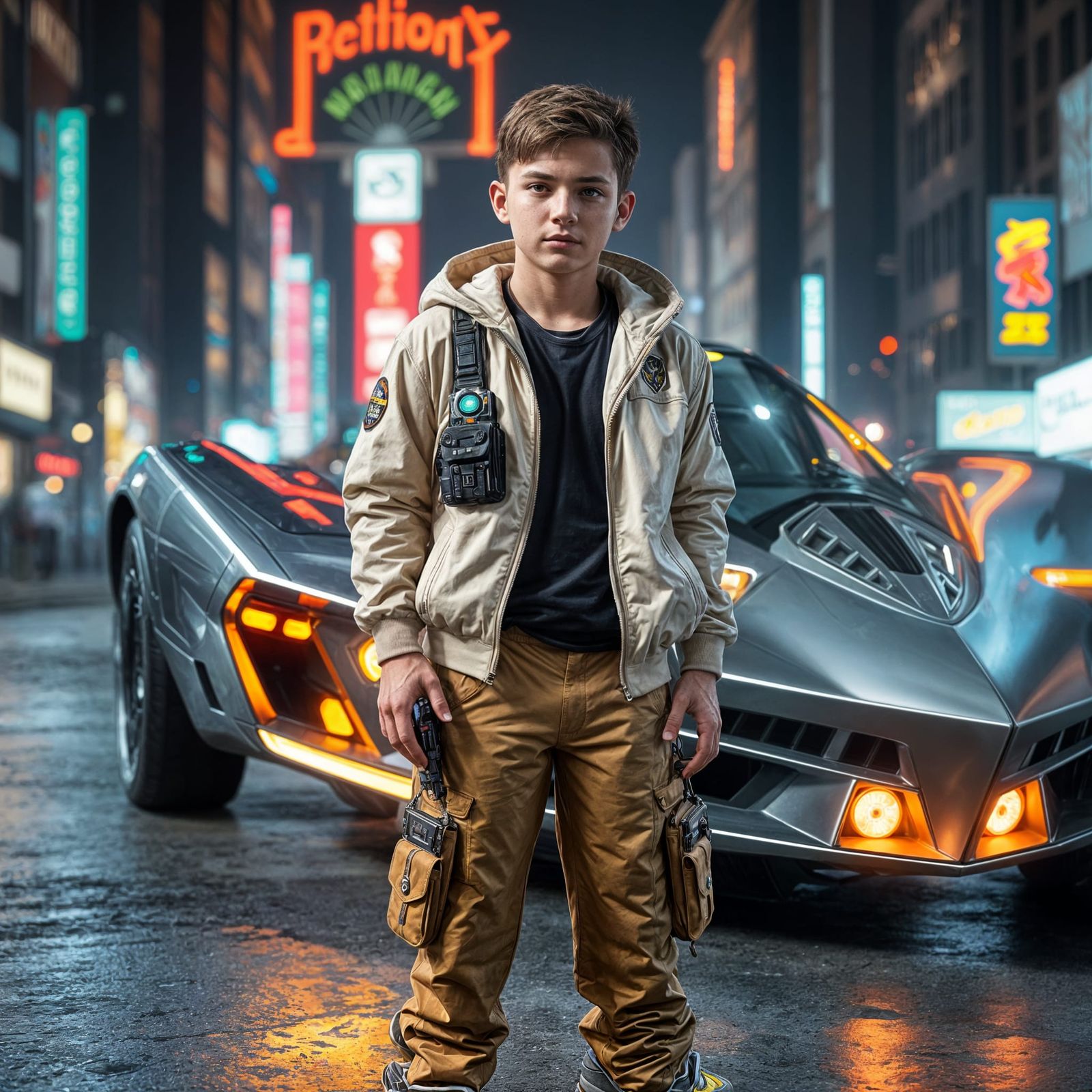 Confident Young Boy Stands Beside Futuristic Flying Car-Spac...