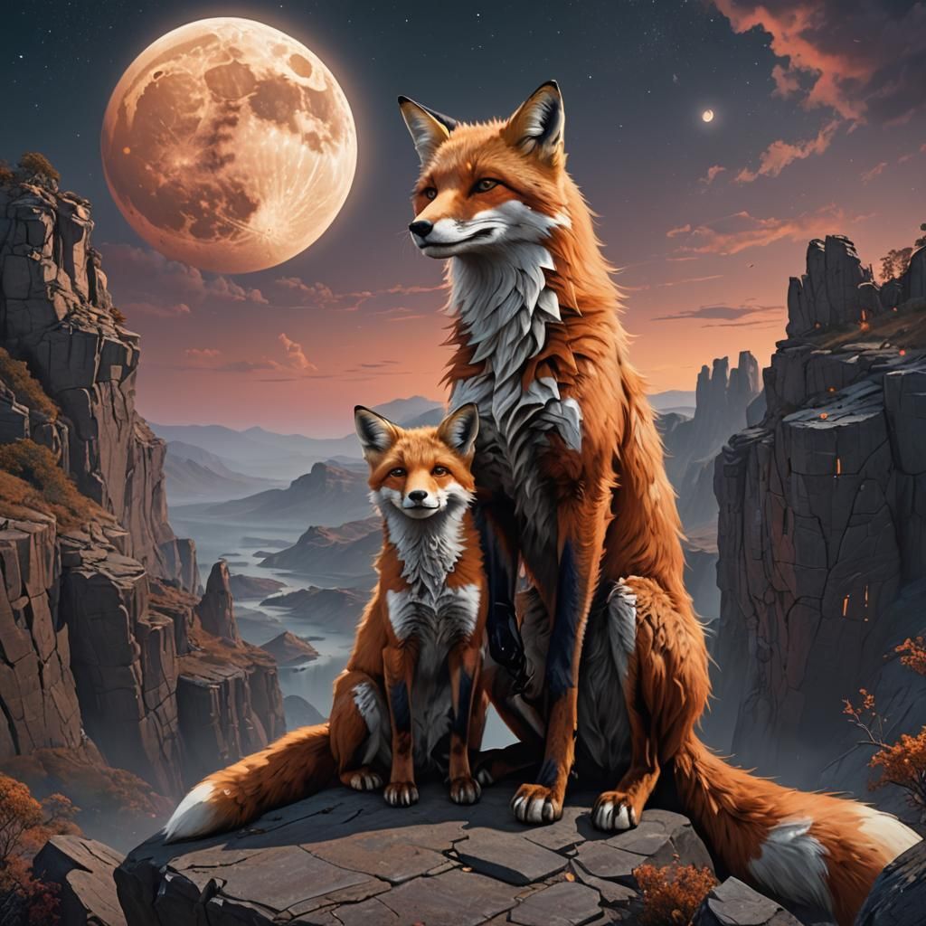 Fox Family Gazing at Moon Heads: Fantasy Concept Art