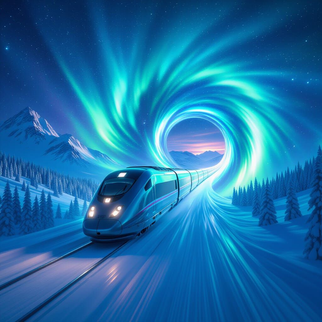 Futuristic Bullet Train in Aurora Borealis Time Portal