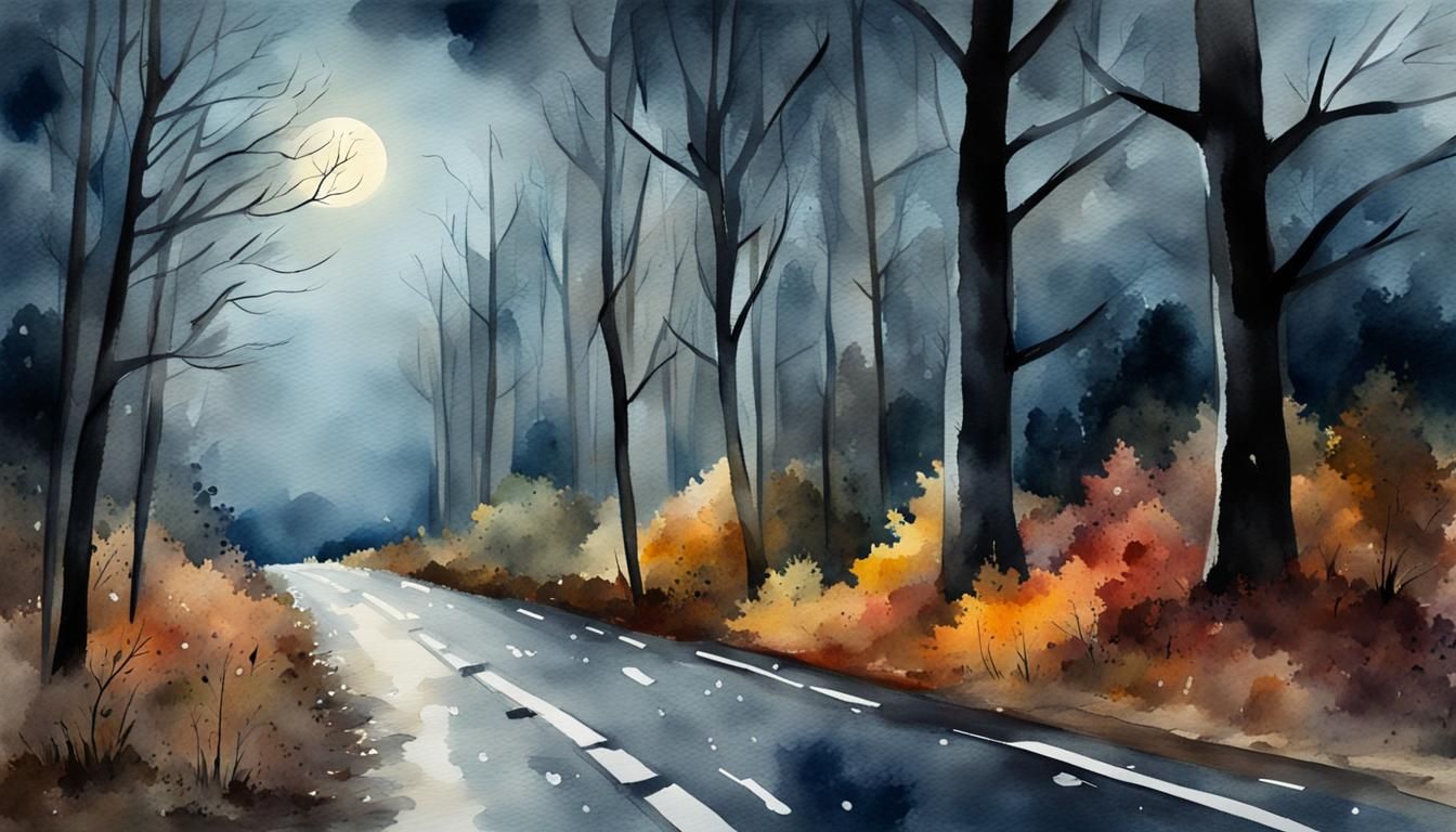 Rainy Road in Autumn Woods: Watercolor Painting