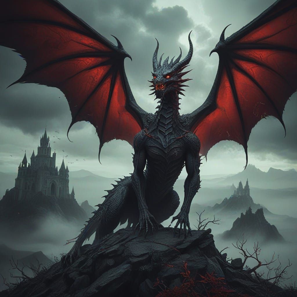 Gothic Dragon in a Surreal, Dark Fantasy Landscape