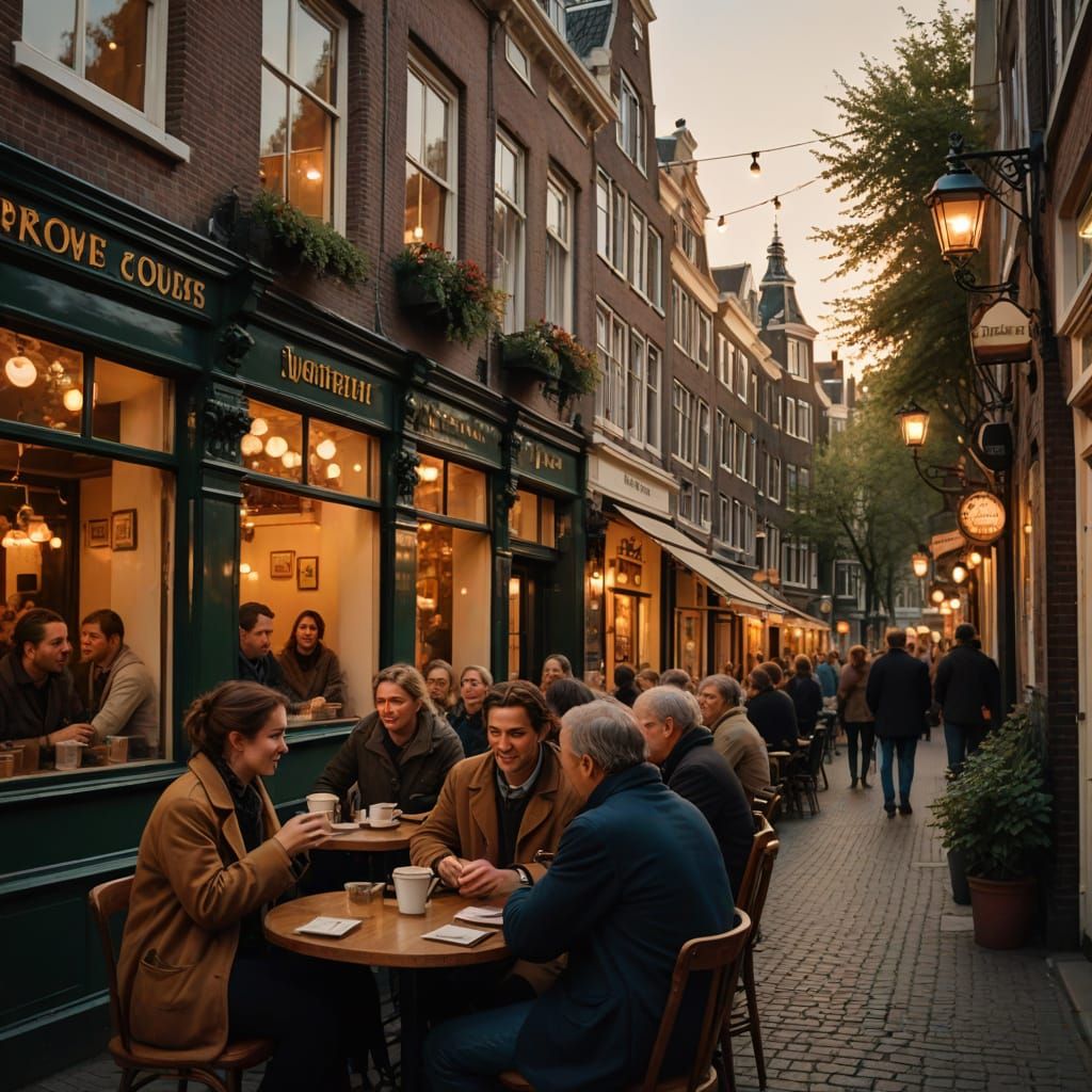 Cozy Amsterdam Coffee House in Golden Hour Light