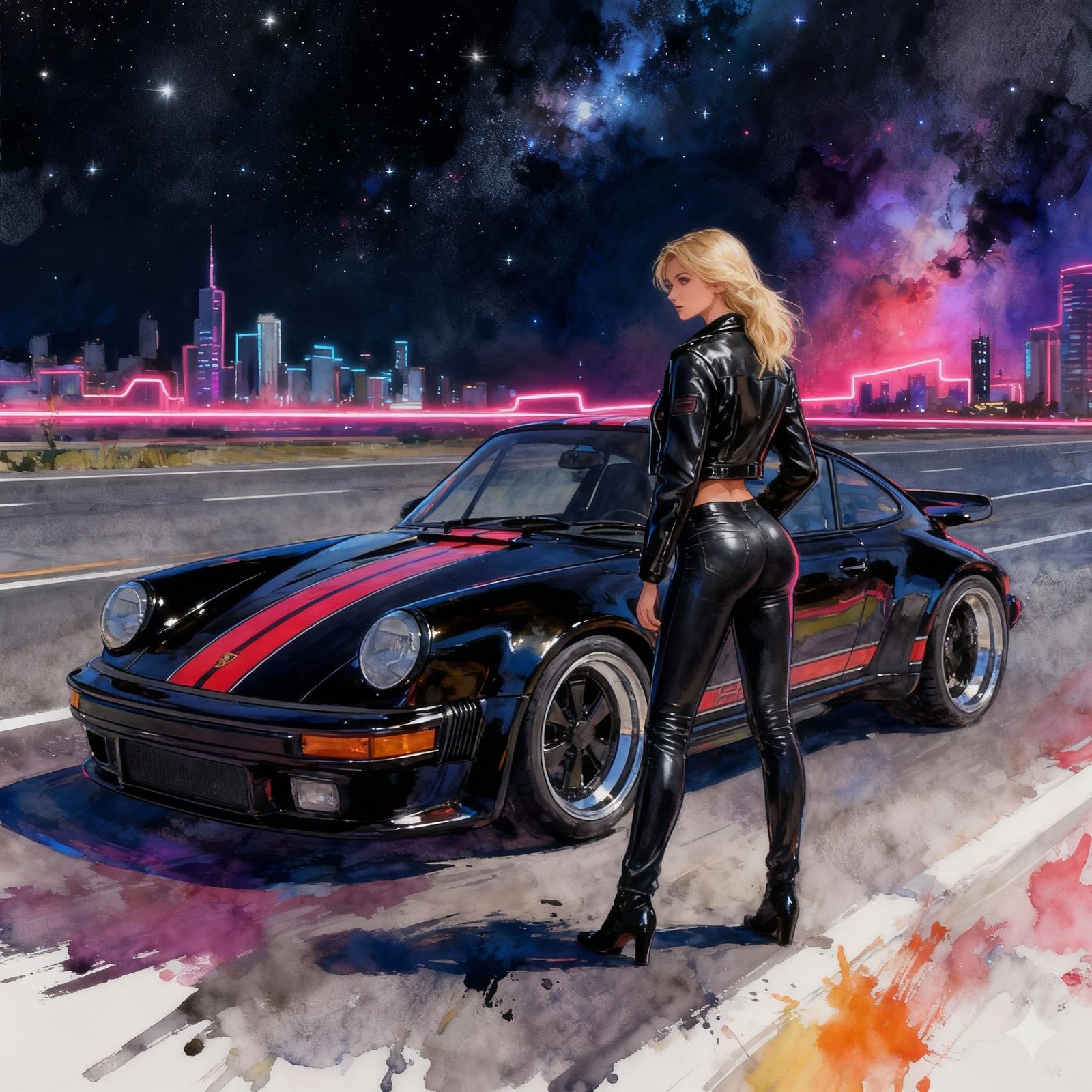 Woman in Leather Poses with Porsche Before Neon City