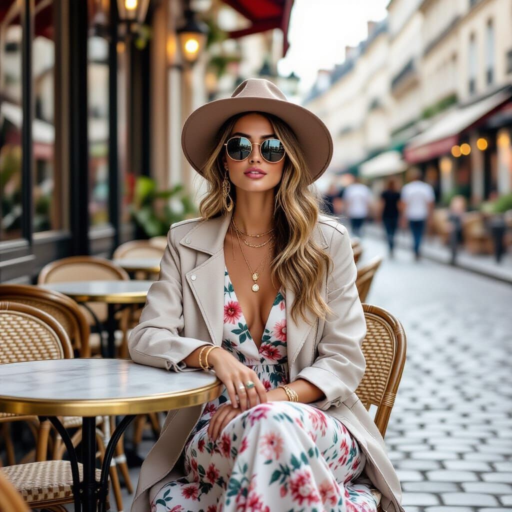 Boho Chic Woman at Parisian Cafe in Morning Light