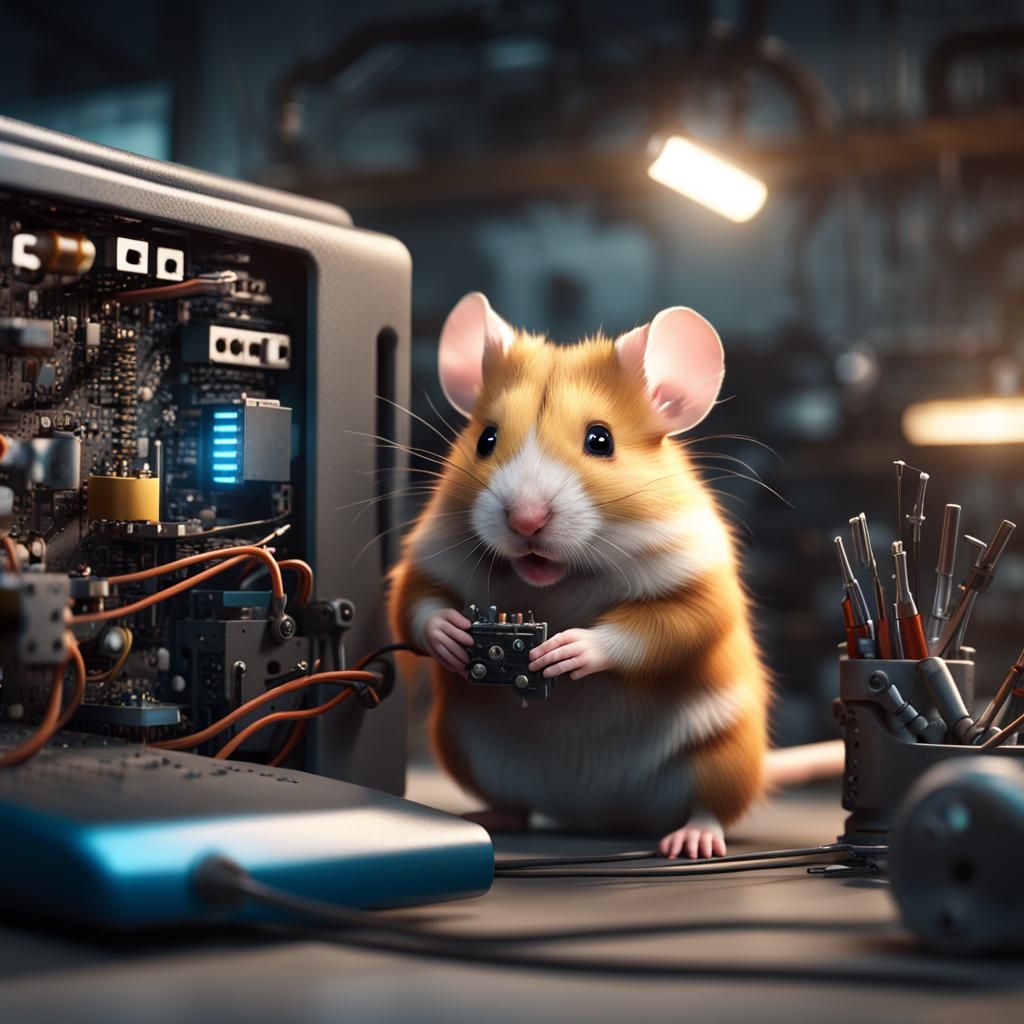 Hamster Cub Repairs Computer in Fantasy Style