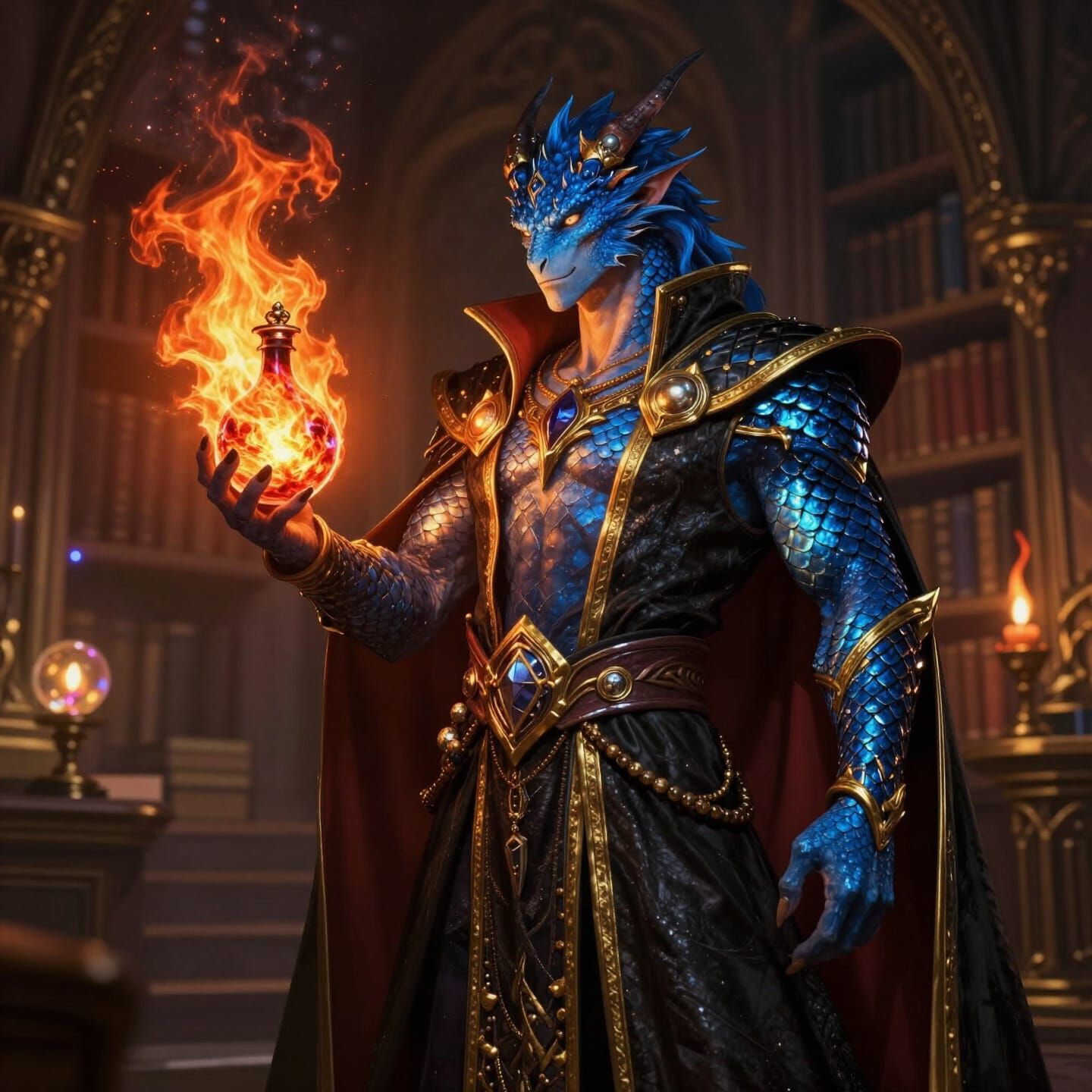 Blue Dragonborn Sorcerer Holding Fiery Flask in Library