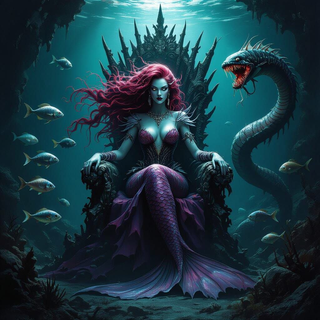 Gothic Mermaid with Sea Serpent in Deep Sea Abyss