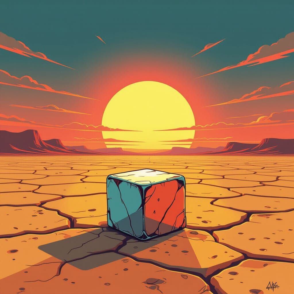 Ancient Ice Cube on Desert Under Double Sunset