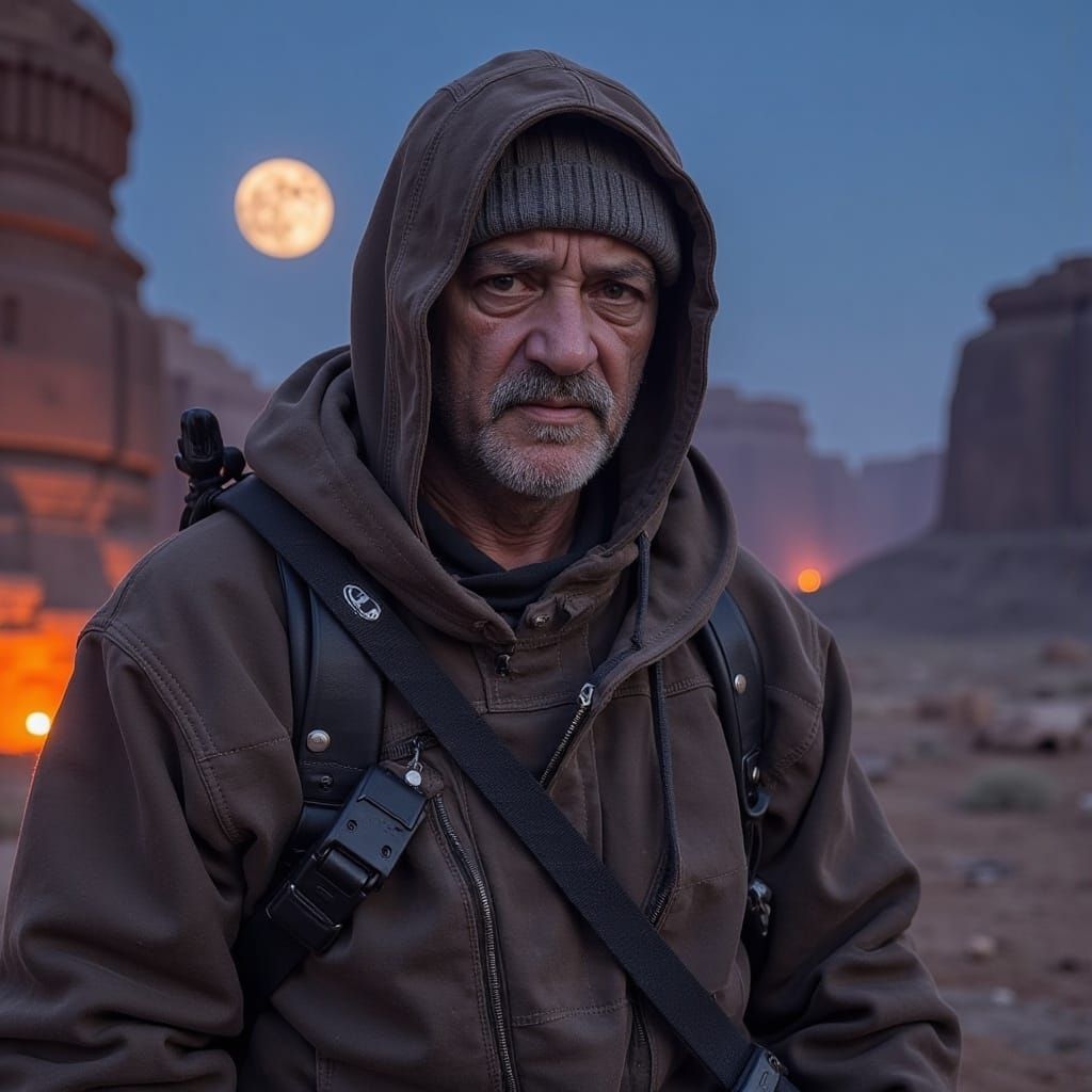 Bounty Hunter in Alien Landscape, Hyperrealistic Textures