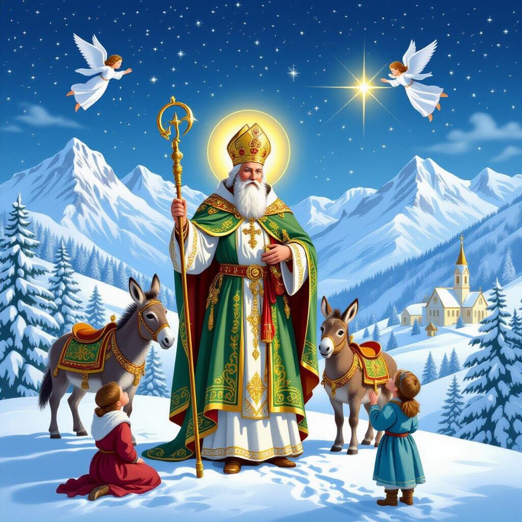 Saint Nicolas in Snowy Mountains with Angels and Donkeys