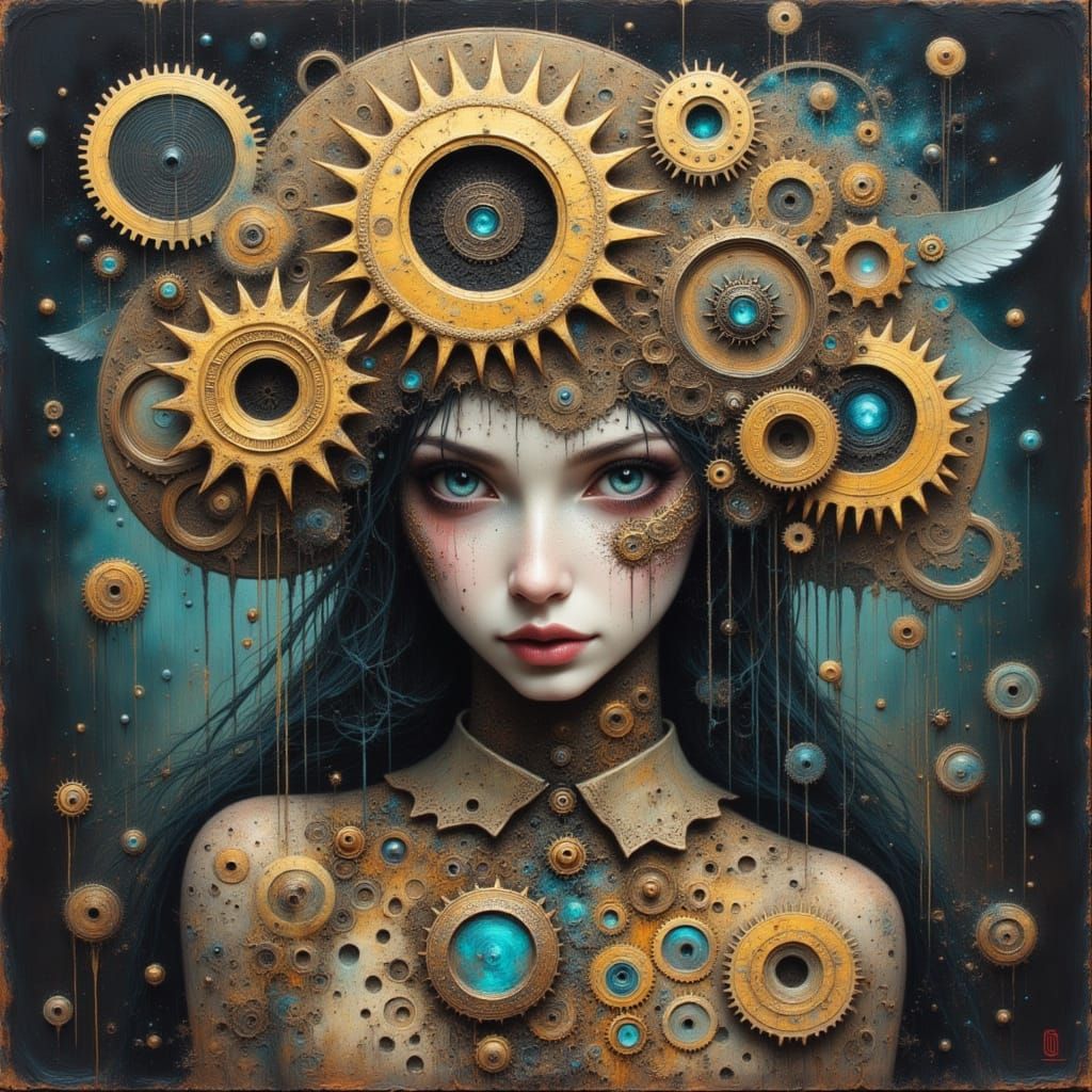 Surreal Steampunk Brain on Female Shoulders in Aquarelle