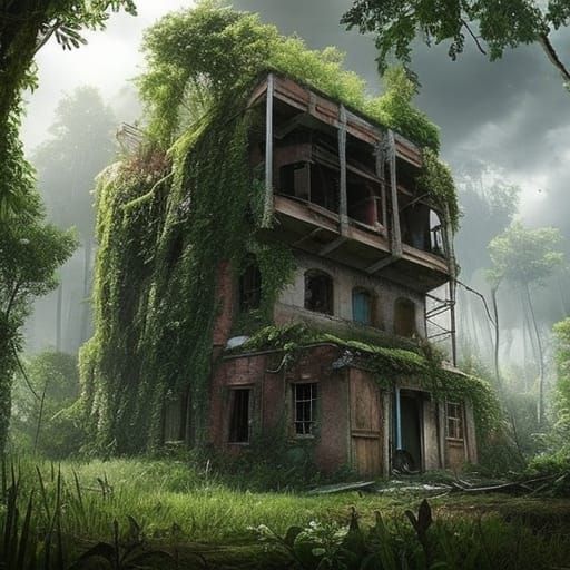Nature Reclaims Overgrown Building in Digital Painting