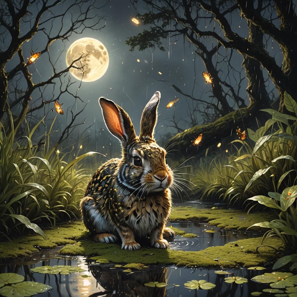 Speckled Rabbits in Magical Moonlit Swamp, Hyperrealistic Ar...