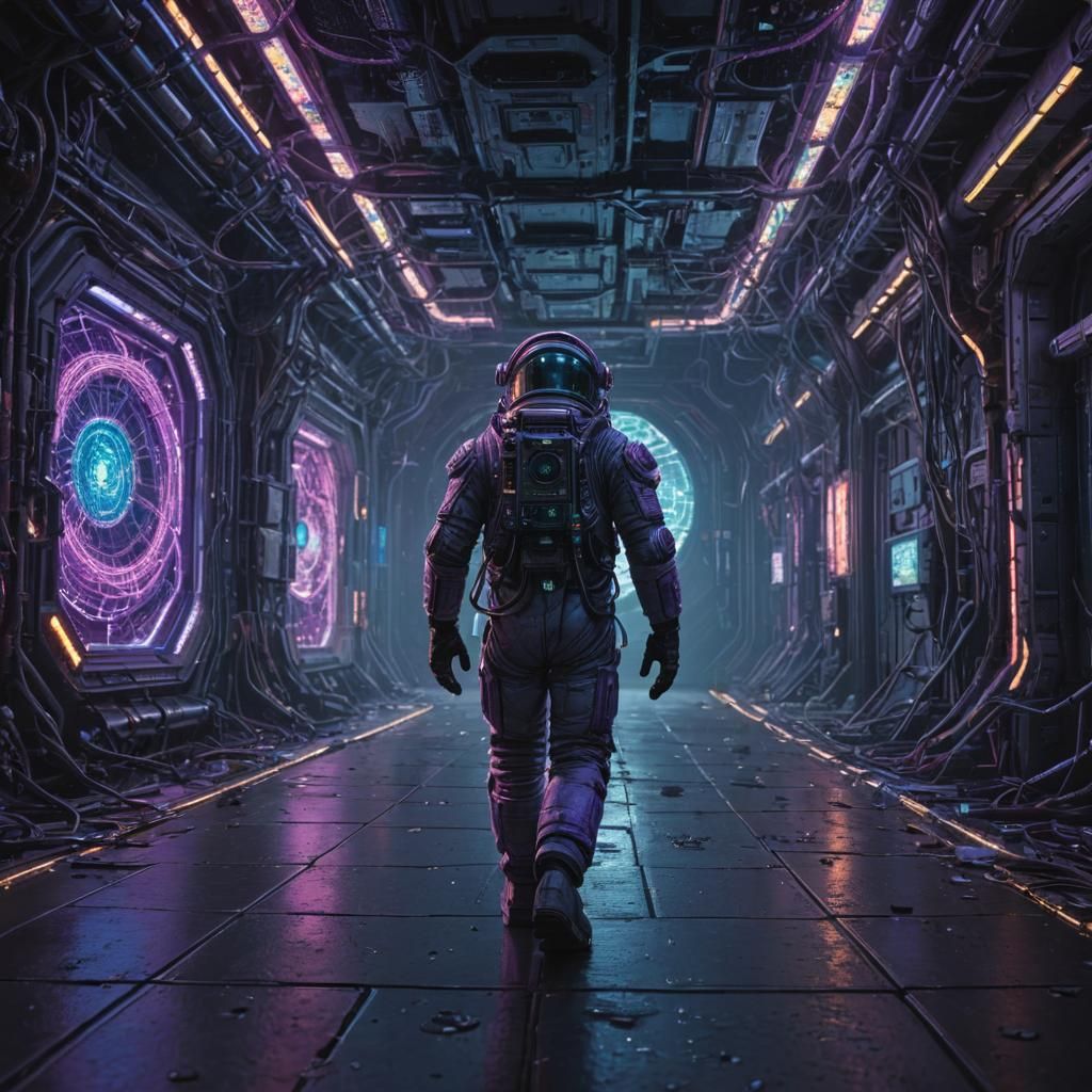 Pointillistic Sci-Fi Cityscape with Astronaut