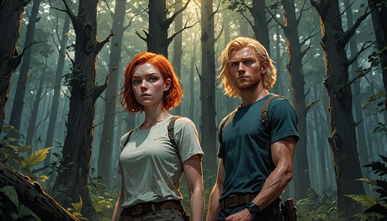 Red Haired Girl Protected in Dark Forest, Digital Art