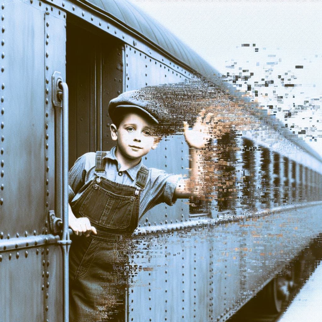 Glitch Art of 1930s Boy Waving Goodbye