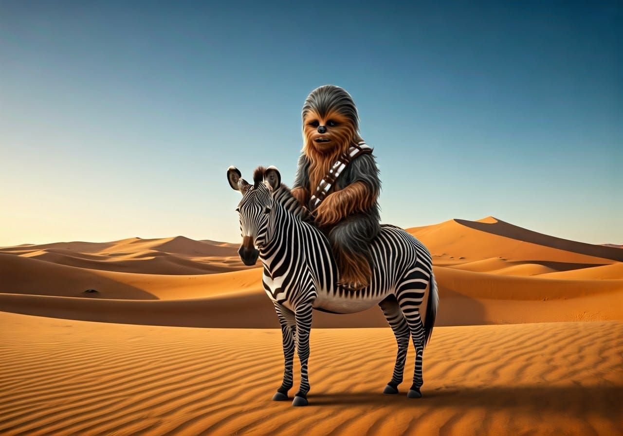 Chewbacca Child Rides Zebra in Desert Photo