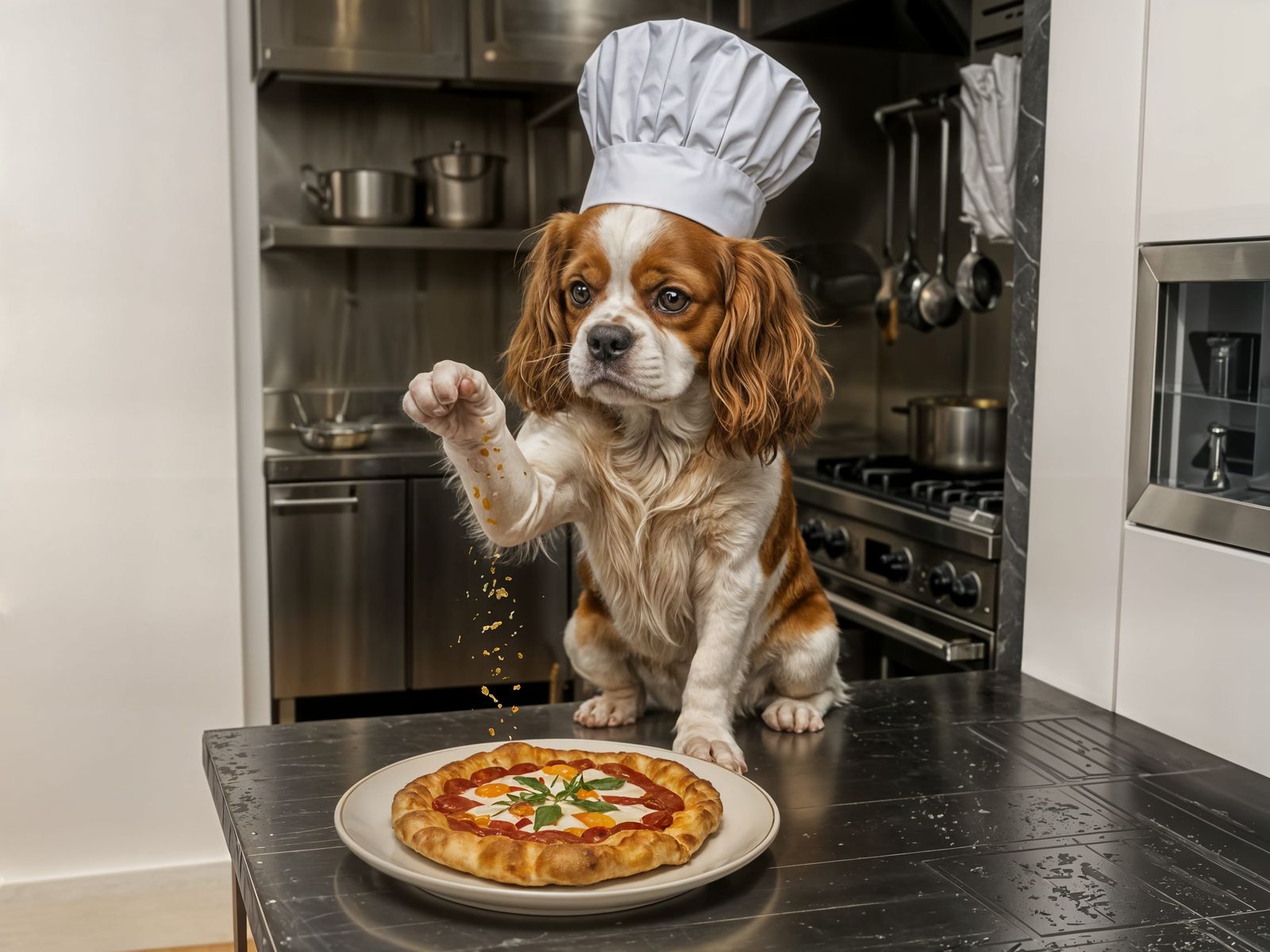 Dog Chef Sprinkles Herbs on Pizza in Italian Kitchen