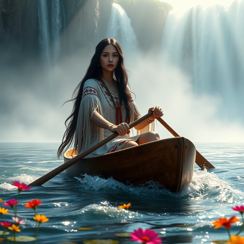 Maiden of the Mist in Iroquois Attire, Paddling Canoe throug...