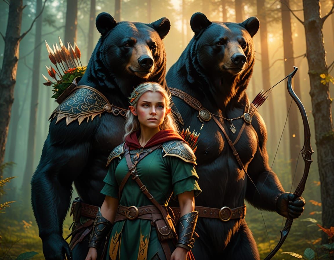 Elf Archer and Bear Companion in Misty Forest