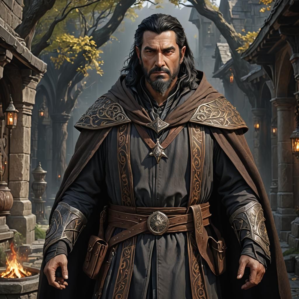 Human male earth wizard. Black hair with grey streaks, brown eyes. Brown wizard robes with dark grey trim.
