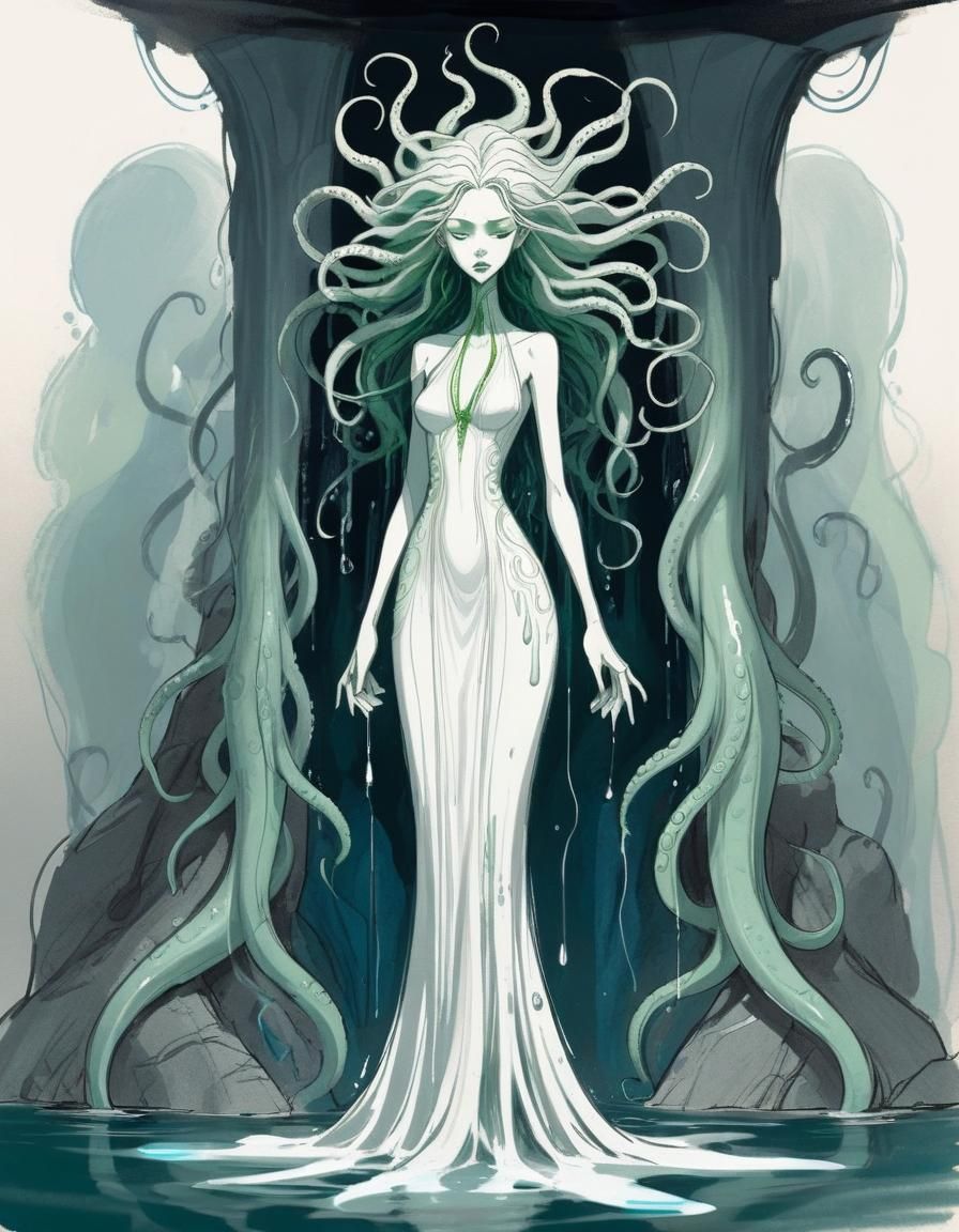 Eldritch Tentacle Goddess in Water Cave Sketch