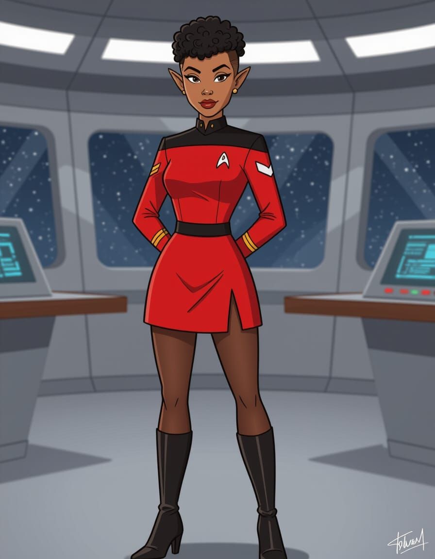 Star Trek Vulcan Woman with Red Uniform in Cartoon Style
