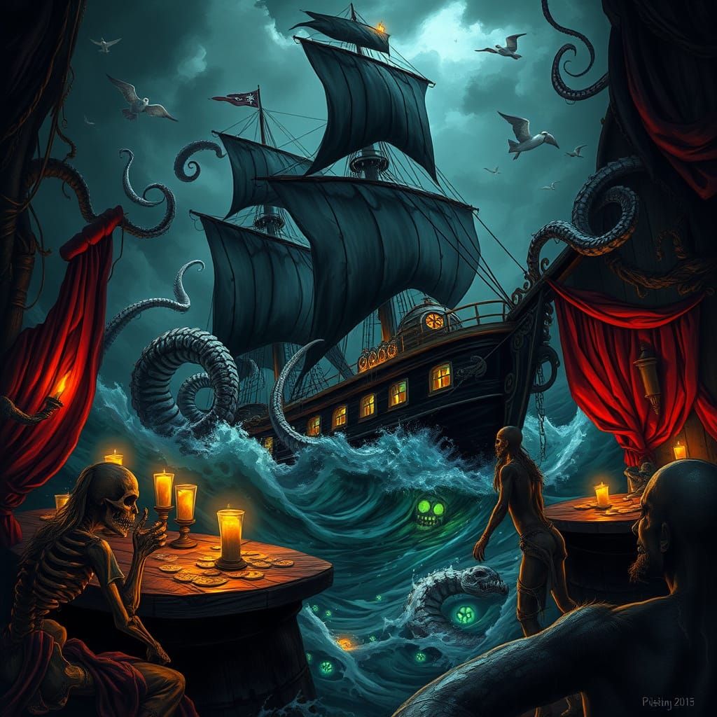 Dark Fantasy Scene: Black Pearl Battles Kraken in Stormy Sea...