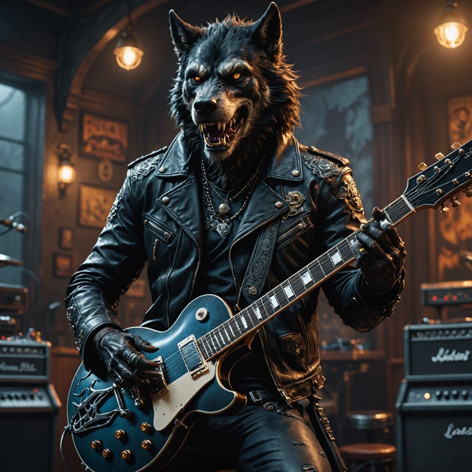 Werewolf Rockstar Shreds on Gibson Les Paul in Leather Biker...