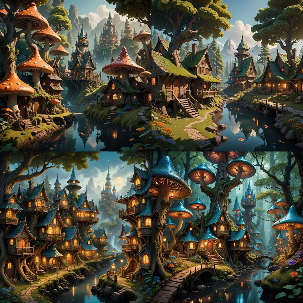 Surreal Mushroom Village Scene in Whimsical Art Style