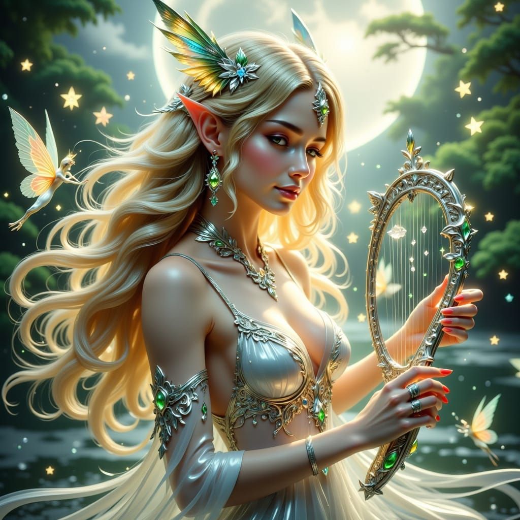 Elf Woman Plays Lyre Under Full Moon with Fairies