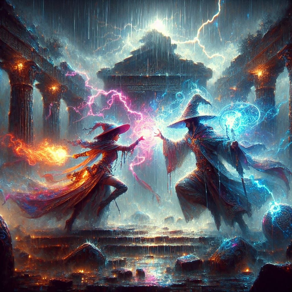 Epic Mage Battle in Ancient Ruins, Romantic Oil Painting