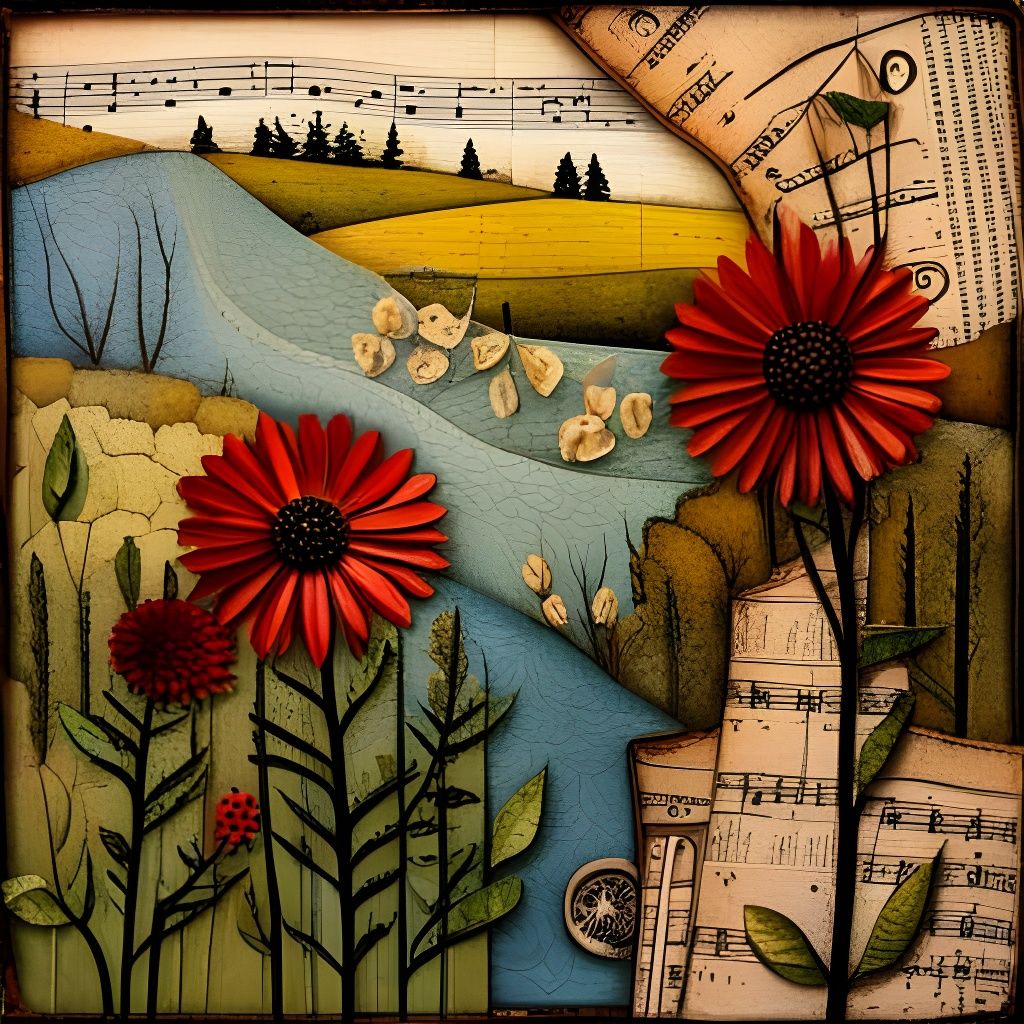 Wildflower Collage with Antique Paper and Music