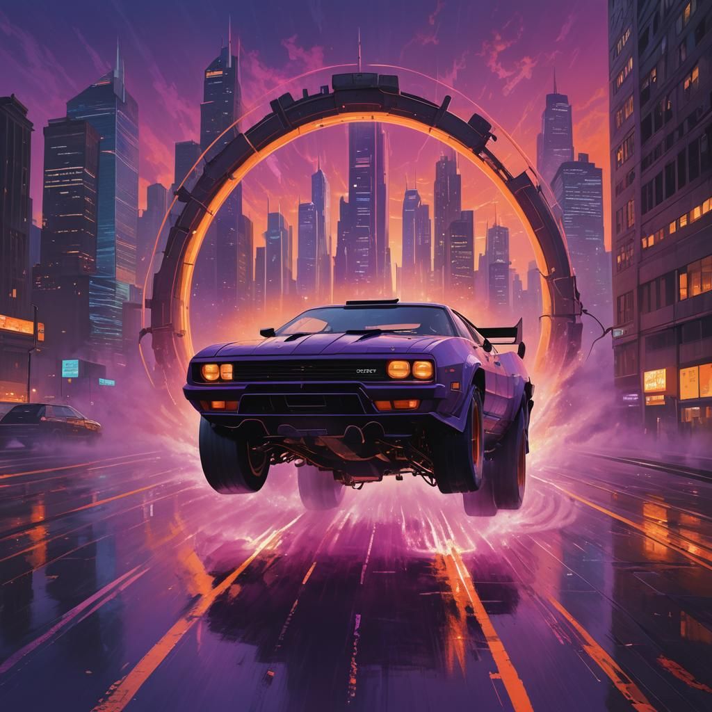 Futuristic Racing Car Through Mystical Portal