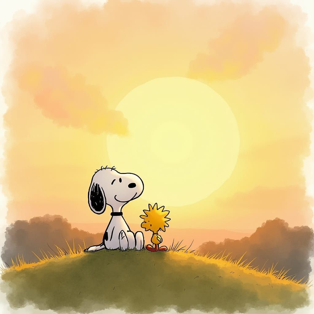 Snoopy and Woodstock in Whimsical Sunset Landscape