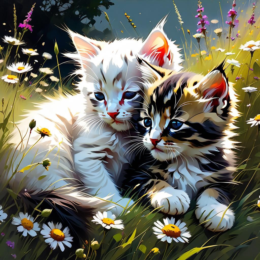 Sleeping Kittens in Meadow: A Matte Painting