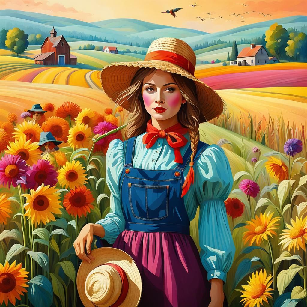 Woman with Flowers and Scarecrow, Digital Art
