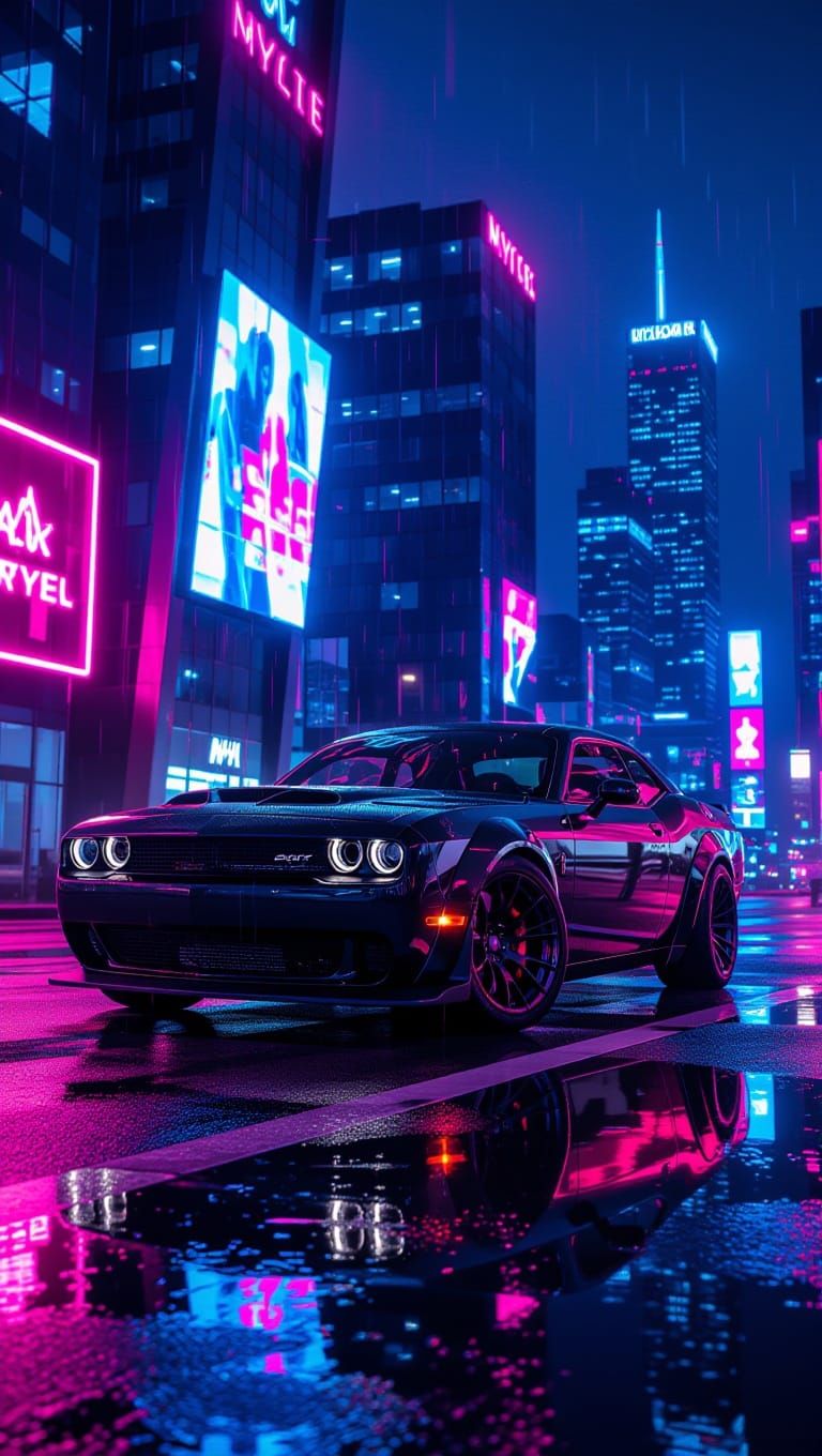 Cyberpunk Dodge Challenger SRT Hellcat Unleashed on Rainy Ci...